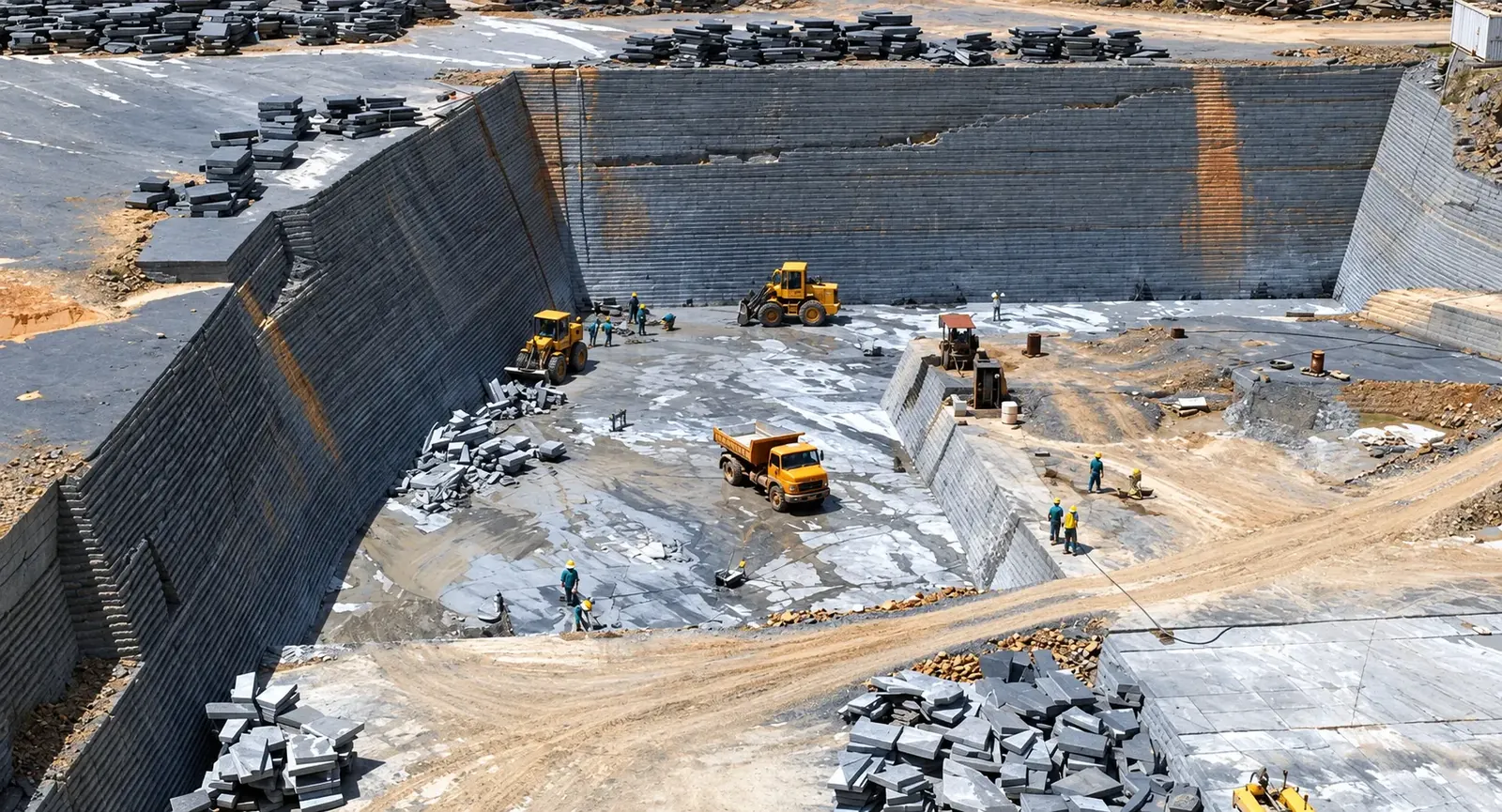 Blick in einen brasilianischen Schiefersteinbruch mit freigelegten Gesteinsschichten
